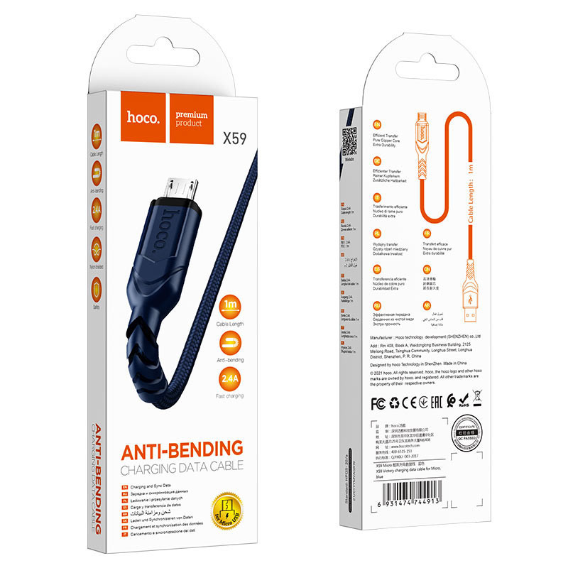 Câble Chargeur Hoco X59 USB Vers Micro USB Incassable Noir