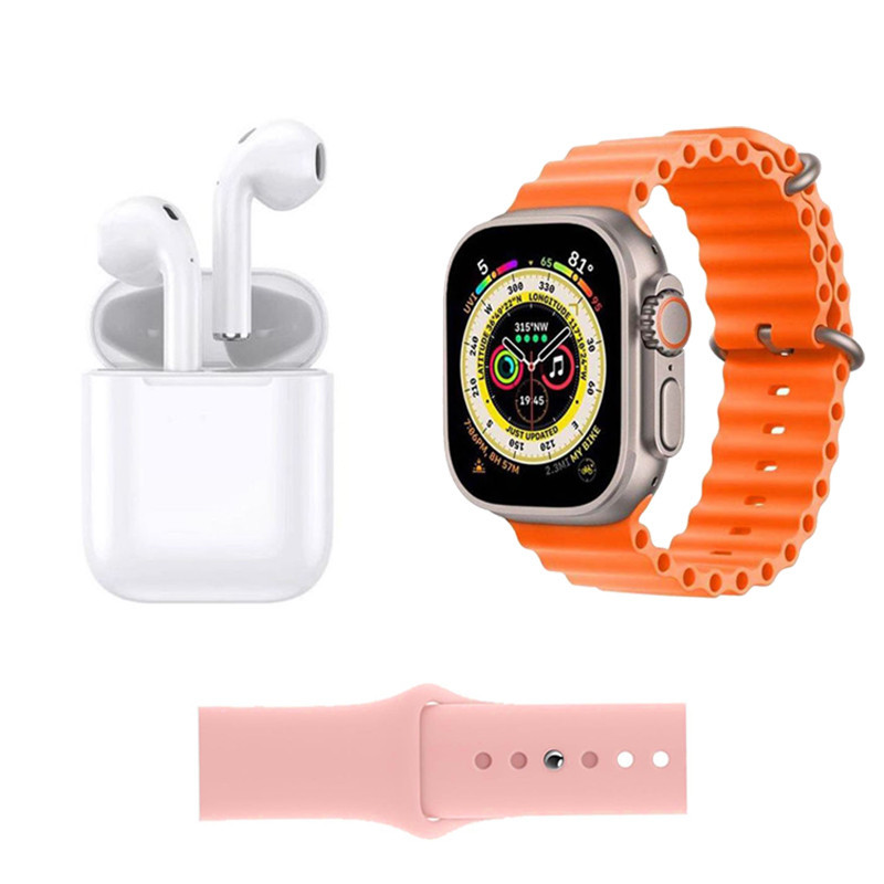 Montre Connectée W26 Ultra Série 8 + Airpods + 2 Ceintures Orange Et Rose Montre Connectée W26 Ultra Série 8 + Airpods + 2 Ceintures Orange Et Rose