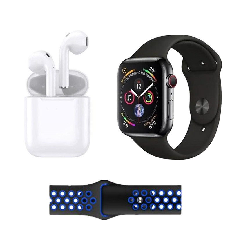 Montre Connectée W26 Pro Max Série 8 + 2 Ceintures + Earbuds Noir et Bleu