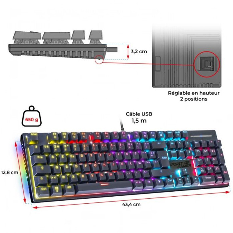 Spirit Of Gamer Clavier Gamer Xpert k250 Filaire RGB Rouge en Tunisie