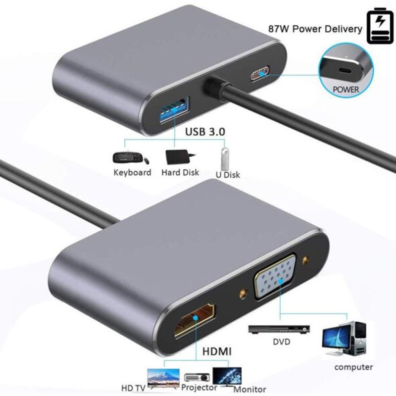 Adaptateur 4en1 Type-C Vers HDMI/VGA/Type-C/USB Noir en Tunisie