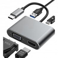 Adaptateur 4en1 Type-C Vers HDMI VGA Type-C USB Gris