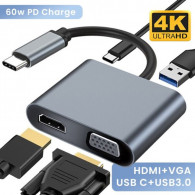 Adaptateur 4en1 Type-C Vers HDMI VGA Type-C USB Gris