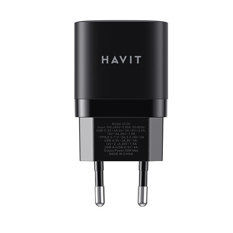 Tête Chargeur Havit HV-UC30  Double USB Type-C et USB Type-A Noir en Tunisie