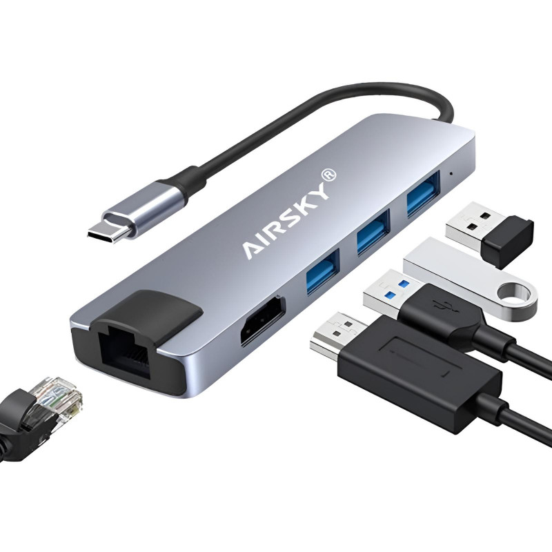 Adaptateur Airsky 5En1 Type-C Vers HDMI + USB-A + RJ45 4K Gris en Tunisie Adaptateur Airsky 5En1 Type-C Vers HDMI + USB-A + RJ45 4K Gris en Tunisie