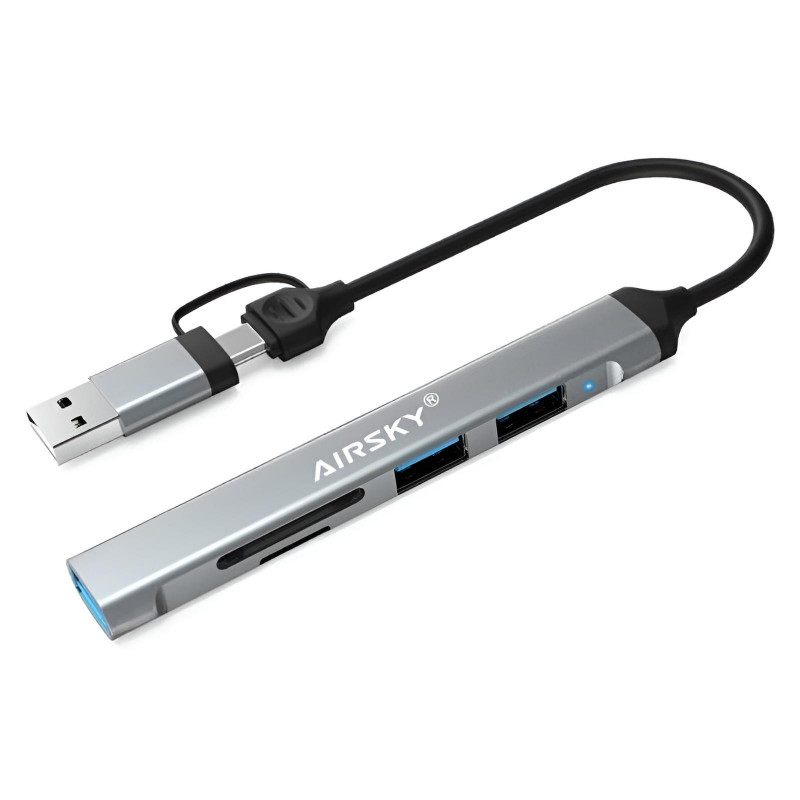 Adaptateur Airsky 5En1 Type-C/USB Vers USB + SD + TF Gris En Tunisie