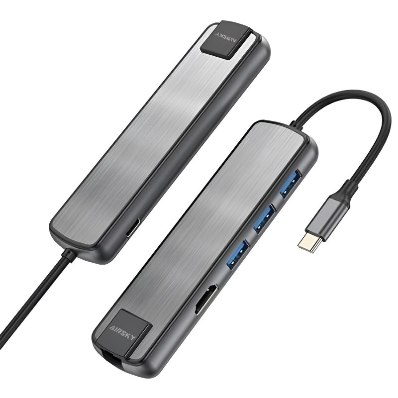 Adaptateur Airsky 6En1 Type-C Vers HDMI + USB + USB-C + RJ45 Gris En Tunisie Adaptateur Airsky 6En1 Type-C Vers HDMI + USB + USB-C + RJ45 Gris En Tunisie