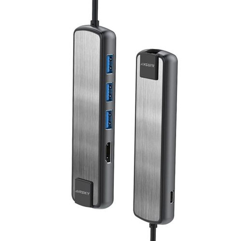 Adaptateur Airsky 6En1 Type-C Vers HDMI + USB + USB-C + RJ45 Gris En Tunisie