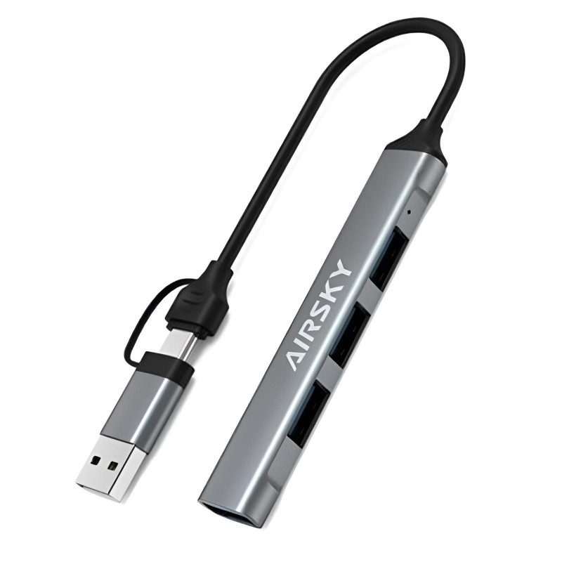 Hub USB Airsky 4EN1 4 Ports USB/USB-C Vers USB-A Gris en Tunisie