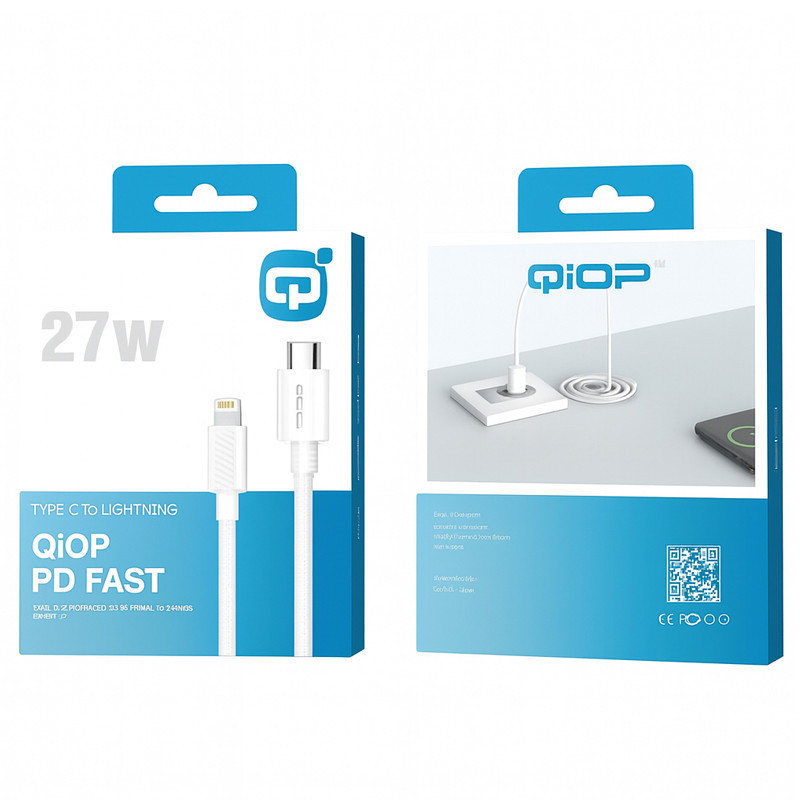 Câble Chargeur Qiop Type-C vers Lightning 27W Blanc En Tunisie