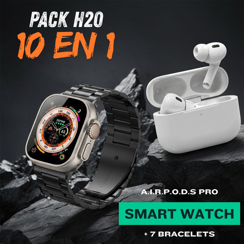 Coffret Montre Connectée H20 + 7 Bracelets + Airpods Noir en Tunisie