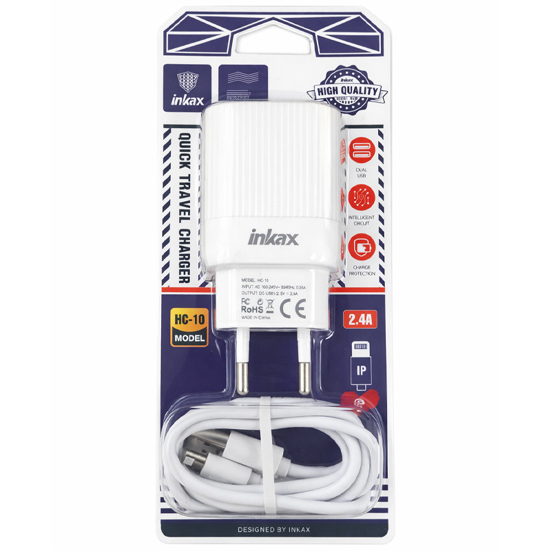 Chargeur Inkax HC-10 Lightning 2 Ports Blanc en Tunisie