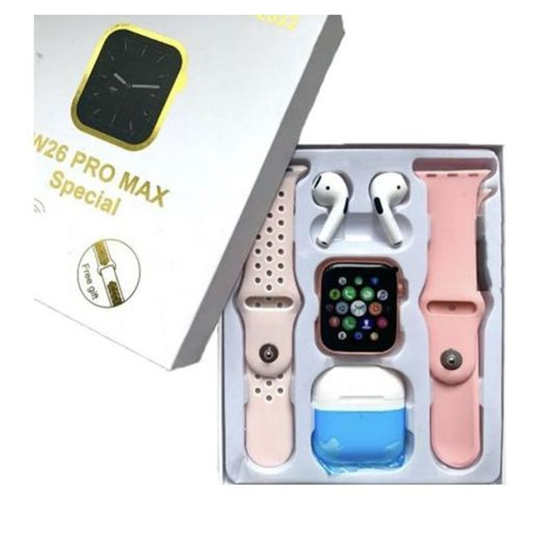 Pack Montre Connectée W26 PRO Max Séries 8 + 2 Ceintures + Earbuds Rose en Tunisie