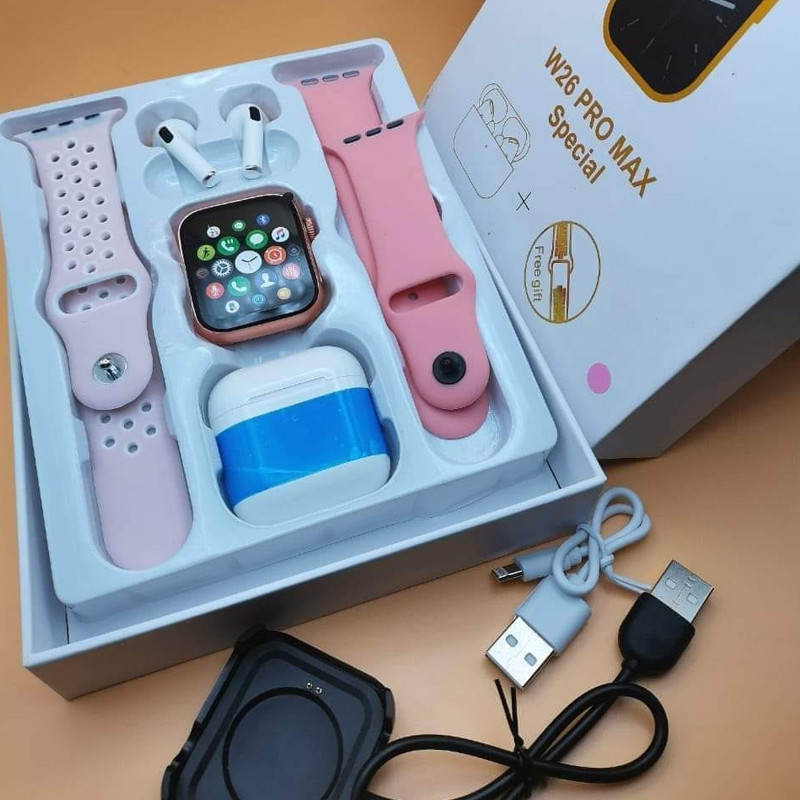 Pack Montre Connectée W26 PRO Max Séries 8 + 2 Ceintures + Earbuds Rose en Tunisie