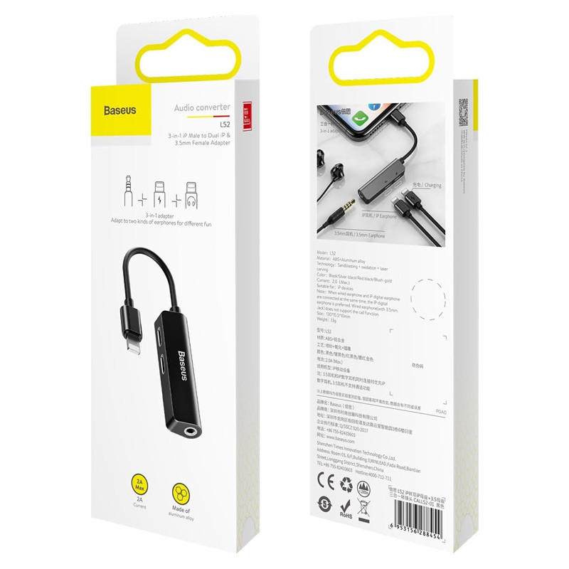 Adaptateur Audio Baseus L52 3En1 Pour IPhone Noir en Tunisie