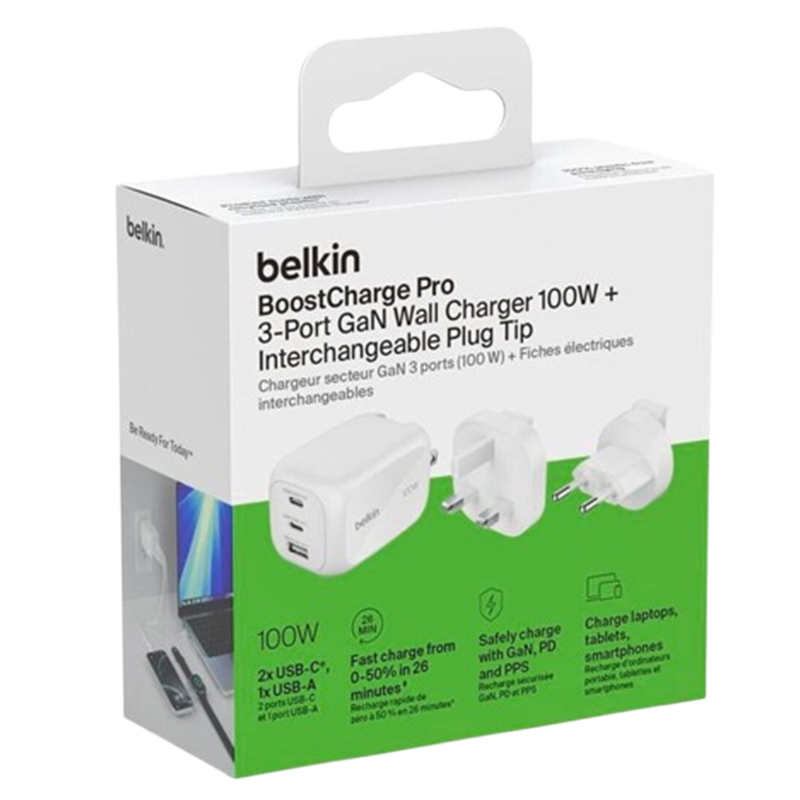 Chargeur Belkin BoostCharge Pro GaN 100W Blanc + Kit De Voyage En Tunisie