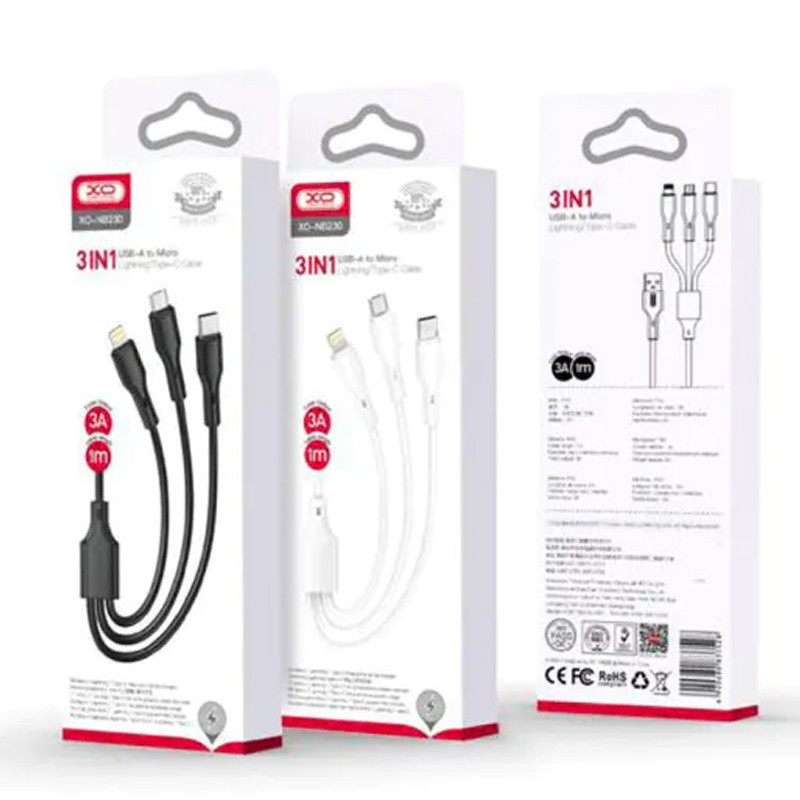Câble Chargeur XO NB230 3En1 USB-C + Lightning + Micro-USB Blanc en Tunisie