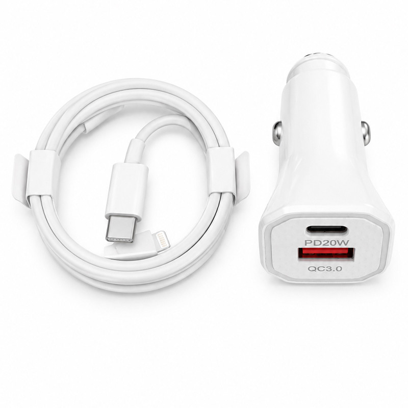 Chargeur Voiture USB 20W + Câble USB-C Vers Lightning Blanc en Tunisie