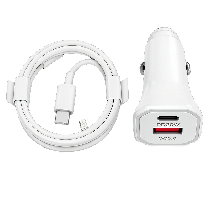 Chargeur Voiture USB 20W + Câble USB-C Vers Lightning Blanc en Tunisie
