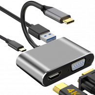 Adaptateur 4En1 Type-C Vers USB-C + Hub PD + HDMI + VGA + USB Silver en Tunisie
