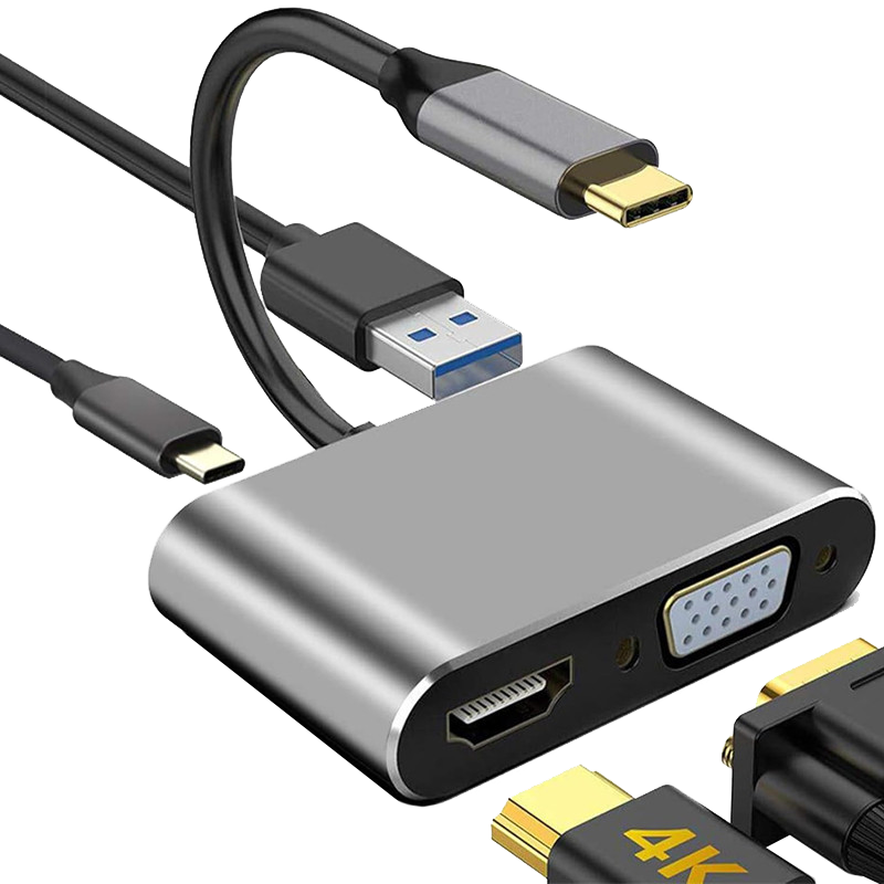 Adaptateur 4En1 Type-C Vers USB-C + Hub PD + HDMI + VGA + USB Silver en Tunisie