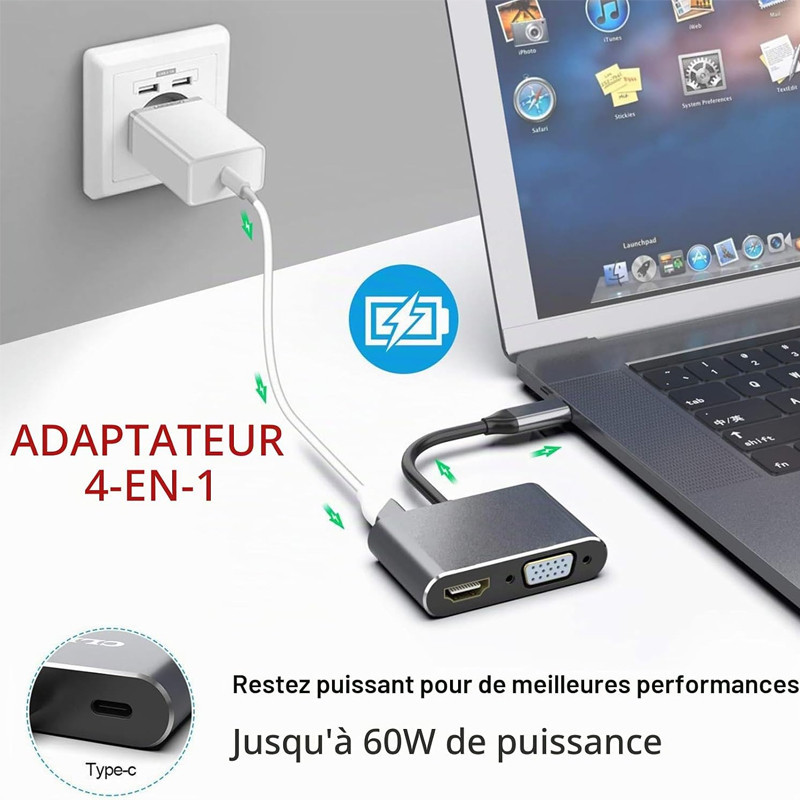 Adaptateur 4En1 Type-C Vers USB-C + Hub PD + HDMI + VGA + USB Silver en Tunisie