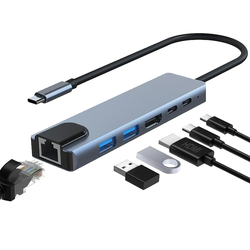 Adaptateur Multifonction 6En1 Type-C Vers HDMI + USB-C + RJ45 Gris EN Tunisie