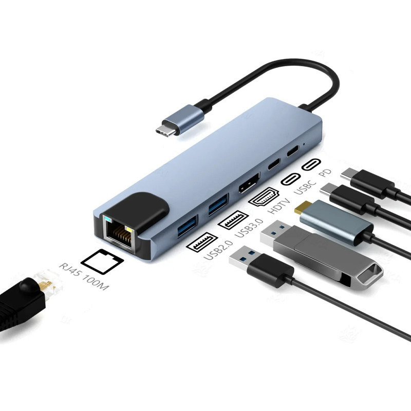 Adaptateur Multifonction 6En1 Type-C Vers HDMI + USB-C + RJ45 Gris EN Tunisie