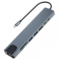 Adaptateur Multifonction 8En1 Type-C Vers HDMI + USB-C + RJ45 + TF/SD Gris