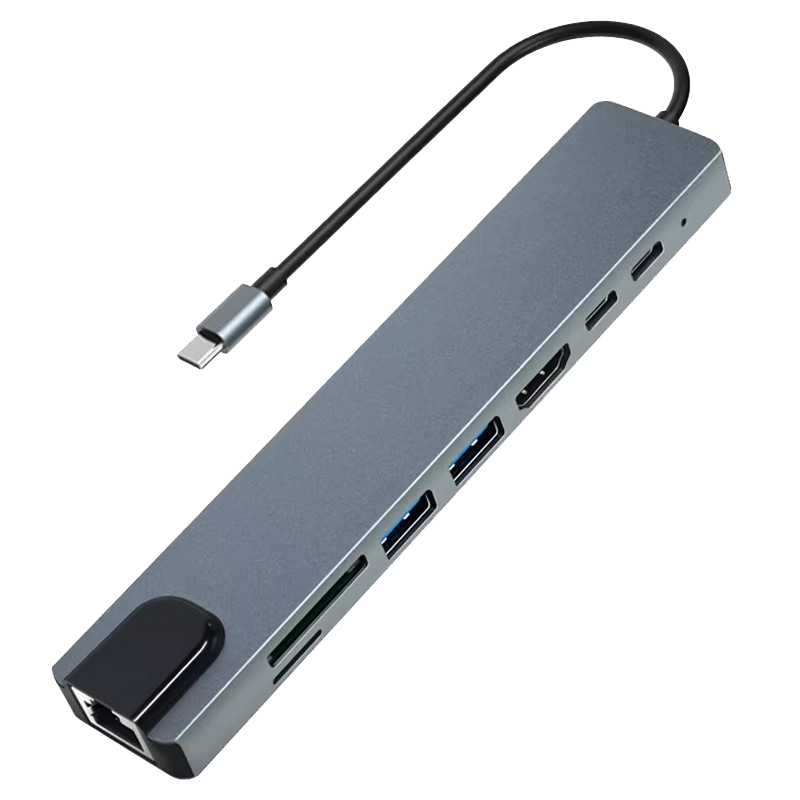Adaptateur Multifonction 8En1 Type-C Vers HDMI + USB-C + RJ45 + TF + SD Gris en Tunisie