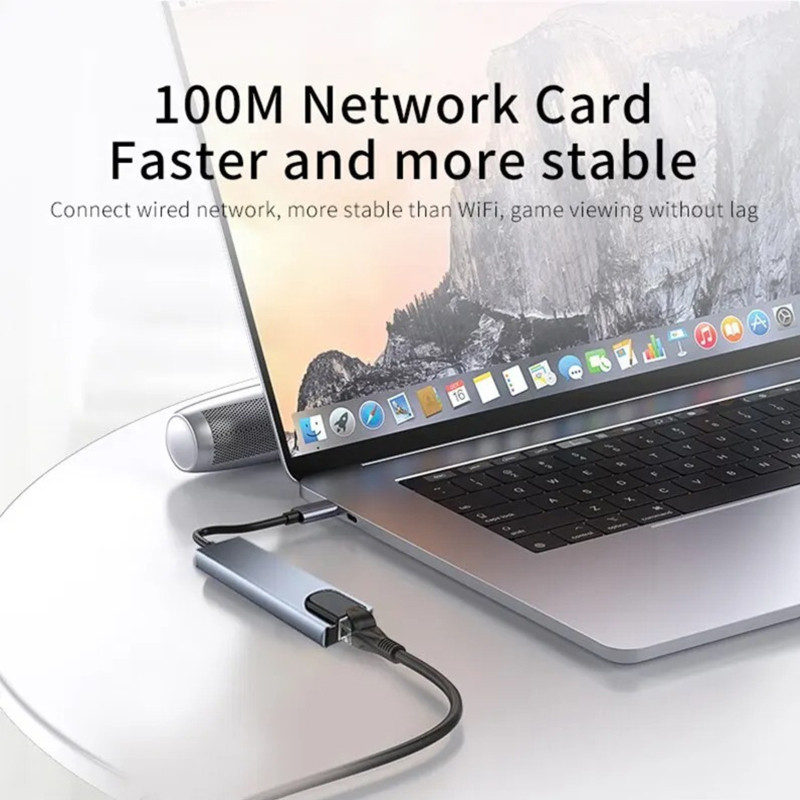 Adaptateur Multifonction 8En1 Type-C Vers HDMI + USB-C + RJ45 + TF + SD Gris en Tunisie
