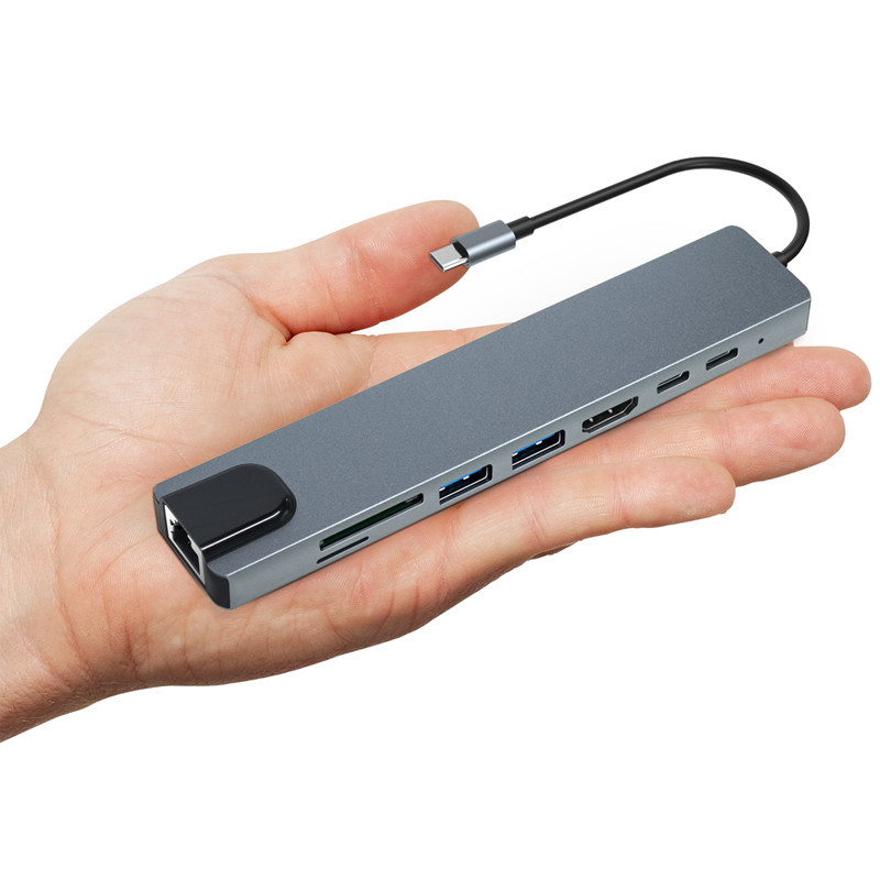 Adaptateur Multifonction 8En1 Type-C Vers HDMI + USB-C + RJ45 + TF + SD Gris en Tunisie