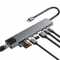 Adaptateur Multifonction 8En1 Type-C Vers HDMI + USB-C + RJ45 + TF/SD Gris