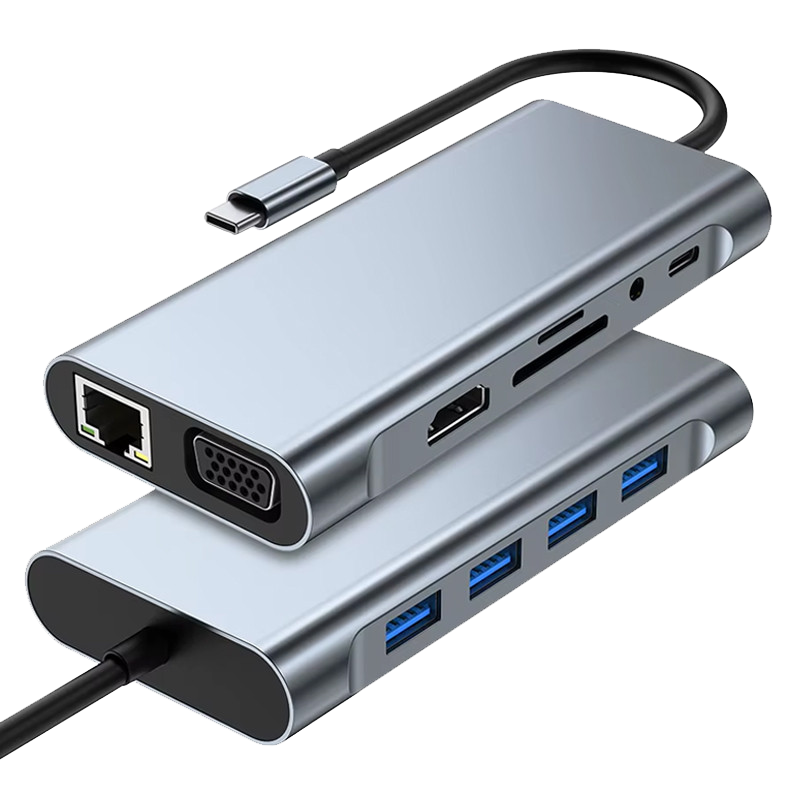 Adaptateur Multifonction 11En1 Type-C Vers HDMI + VGA + USB-C + RJ45 + TF/SD + Aux Gris en Tunisie