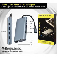 Adaptateur Multifonction 11En1 Type-C Vers HDMI + VGA + USB-C + RJ45 + TF/SD + Aux Gris en Tunisie