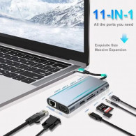 Adaptateur Multifonction 11En1 Type-C Vers HDMI + VGA + USB-C + RJ45 + TF/SD + Aux Gris en Tunisie