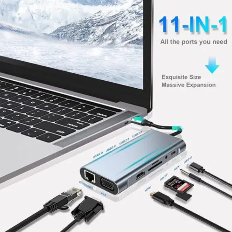 Adaptateur Multifonction 11En1 Type-C Vers HDMI + VGA + USB-C + RJ45 + TF/SD + Aux Gris en Tunisie