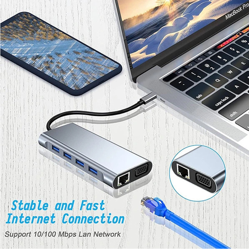 Adaptateur Multifonction 11En1 Type-C Vers HDMI + VGA + USB-C + RJ45 + TF/SD + Aux Gris en Tunisie